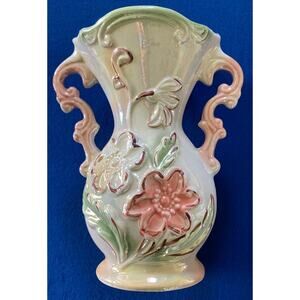 VTG Lusterware Vase Brazil 8.25" Tall Double Handle - Raised Colorful 3D Flowers